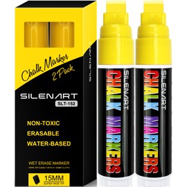 SILENART Yellow Chalk Markers 2 Pack - 15mm Super Wide Tip - White Dry Erase Markers Pen