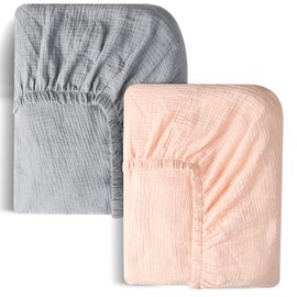 FHMJYH Fitted Muslin Crib Bedsheet 100% Cotton for Standard Crib and Toddler Bed Mattresses (28x52 Inch) Two Piece Soft Breathable Bohemian (Pink Light Grey)