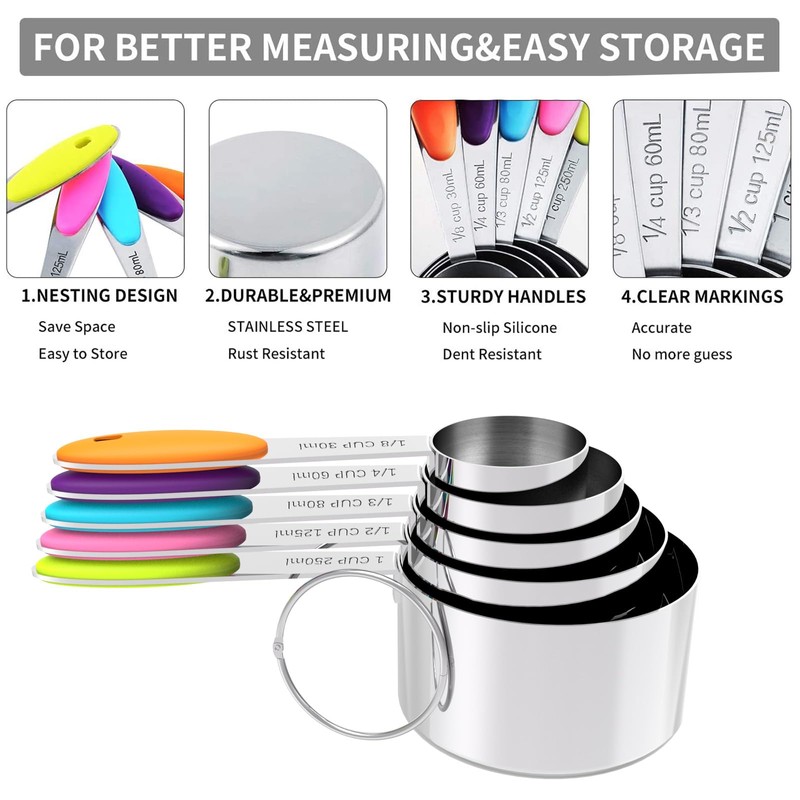 TILUCK Measuring Cups and Spoons Set, Stainless Steel, Kitchen Utensils