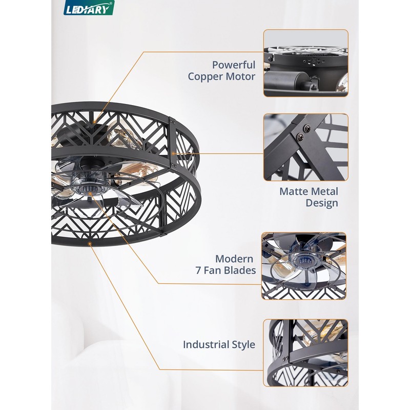 LEDIARY 20" Caged Ceiling Fan with Light, Small Flush Mount