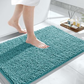 Yimobra Chenille Bathroom Rugs - 32"x20" Super Luxury Soft & Absorbent Quick Dry - Non Slip Bath Mat for Tub Shower - Machine Washable - Teal Blue
