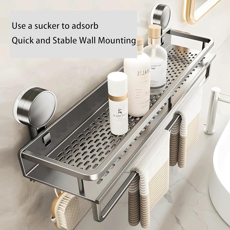Aluminum Bathroom Suction Cup Storage Rack Wall-Mounted No-Drill Towel Rack