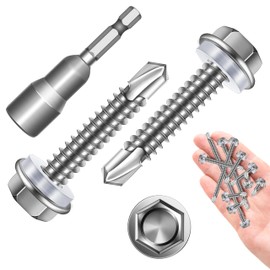 Self Tapping Screws for Metal 50Pcs #12 x 1-1/4", 410 Stainless Steel Hex Head Sheet Metal Screws, Self Drilling Screws for Metal, High-Strength Quick Self-Tapping Screws by Marysino