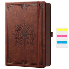AUTEMPO A5 Notebook Leather Hardcover in Compass Pattern Design, 320 Pages Journal Book, 100 gsm Diary, 14.5 x 21 cm, The Perfect Gift for Family and Friends (Brown Lined)