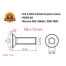 Schrauben Edelstahl M5 x 70 mm Senkkopf BTR Ø 5 x 70 mm | Schrauben M5 x 70 mm FHC mit Innensechskant (Inbusschlüssel) | Edelstahl A2-70 (V2A/304) | ISO 10642 / DIN 7991: 5 Stück ProRaje