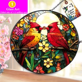 Ammzus Cardinal Stained Glass Suncatcher - Red Bird Sun Catcher, Painted Glass Panel Decor, Sun Catchers Indoor Window, Gift for Bird Lovers, Mom, Grandma, 6.31IN