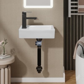 White Wall Mounted Ceramic Bathroom Sink, 7" x 14" Rectangle Floating Porcelain Vessel Sink with Black Faucet and Pop up drain Set for Small Bathroom, Left Hand