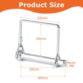 LALAGO Pack of 5 8 x 60 mm locking pins, one cotter pin, square pipe folding pin, PTO pin plug, folding plug for pipes, securing bolts with snap lock bracket for trailers, tractors, tippers