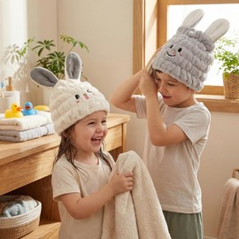 2 Piezas Gorro Secado Rápido para Niñas Toalla Absorbente de Microfibra con Diseño de de Conejo Secado y para Cabello Infantil y Gris