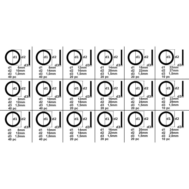 Aluminium sealing ring set, 450 pieces in clear plastic box