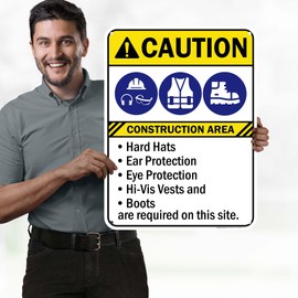 Caution Hard Hats Ear Protection Eye Protection Hi-Vis Vests And Boots Sign, 18x24 Inches, 55 mil thick HDPS (high density polystyrene), Made in USA by My Sign Center