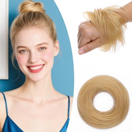 SEGO Human Hair Messy Bun Hairpieces Real Scrunchies Smoothed Updo Donut Chignon Wavy Ponytail Extensions for Women Girls,#24 Natural Blonde