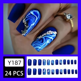 Blue Press On Nails Medium Square Blue Fake Nails with Sea Wave Designs Gradient Glossy False Nails Glitter Nails Press Ons Full Cover Glue On Nails Stick On Nails for Women 24PCS