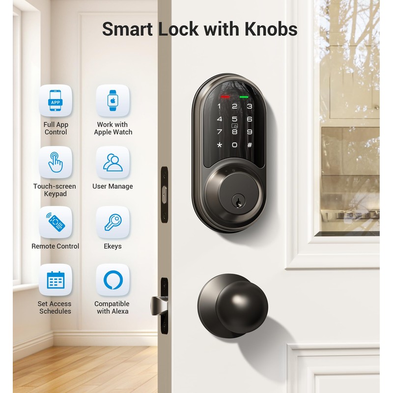Veise RZ06C Smart Locks for Front Door, 2 Knob Handle
