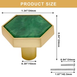 SWZHAI 12 Pcs Gold Knobs for Dresser Drawers, Brushed Brass Hexagon Knobs Drawer Knobs, 1-1/4" Gold Cabinet Knobs Dresser Knobs Pulls for Kitchen Cabinets Cupboard Furniture Knobs, Green