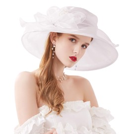 Z&X Organza Church Fascinator Derby Hats for Women Flower Wedding Tea Party Hat Wide Brim Sun Hat 023B White