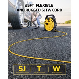 DEWENWILS Cord Reel with 4 Power Outlets, 2-USB Ports(3.4A Fast Charge), 25FT Retractable Extension Cord Reel, Heavy Duty SJTW 16/3 Cable, 13A Circuit Breaker, Hand Wind, UL Listed