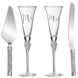 4 Piezas Flautas de Brindis de Boda y Juego de Servidor de Pasteles Suministros para Recepción de Bodas Copas de Champán Cuchillo para Pastel Servidor de Pasteles (Plata)