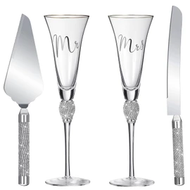 4 Piezas Flautas de Brindis de Boda y Juego de Servidor de Pasteles Suministros para Recepción de Bodas Copas de Champán Cuchillo para Pastel Servidor de Pasteles (Plata)