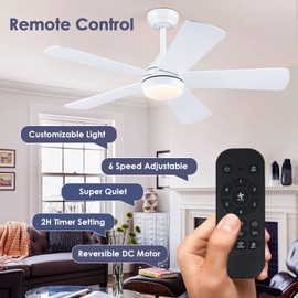 Asyko 46" White Ceiling Fan with Lights with Remote/APP, Ceiling Fan Low Profile for Indoor/Outdoor, Reversible DC Motor, 6 Speeds with 5 Blades, Modern Ceiling Light Fixture for Bedroom