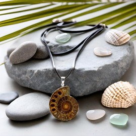 Kaltner Präsente Gemstone Necklace with Pendant/Ammonite Pendant Real Petrification/Leather Cord with Pendant/High-Quality Gemstone Pendant with Leather Chain/Ammonite Diameter 30 mm, Leather Leather