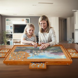 YKHALLYBEE Puzzle Table 1500 Pieces Wooden Jigsaw Puzzle Board with Legs, 34.3”x 26.5” Puzzle Board with 4 Drawers and Cover, Foldable Leg Puzzle Table for Adults Red Brown