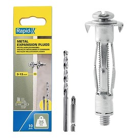 Rapid Hollow Wall Anchors, Pack of 10 Heavy Duty Metal Plasterboard Fixings for 3-13 mm Wall Thickness, 25 kg Load, Cavity Wall Fixings, Wall Plug, Plasterboard & Chipboard Plugs (5001546)