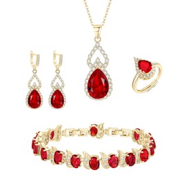 EleQueen Gold Plated Red Teardrop Cubic Zirconia Necklace Open Ring Earrings Bracelet Jewelry Set for Women, Wedding/Anniversary/Valentine's Day/Mother's Day Jewelry Gift for Brides/Wife/Girlfriend/Mom