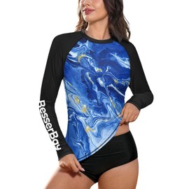 BesserBay Women Summer Swimming SPF UPF Rashguard Sun Protection Loose Fit Uv Protection Swimwear Blue Marble XXL