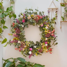 Eucalyptus Wreath for Front Door 24 Inch Purely Handmade Berries Spring Wreaths with Bud, Hawthorn Berry, Wildflower, Window - Green Decor for Home, Farmhouse - Spring, Summer, Fall, All Seasons