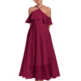 Girls Formal Dress Flower Girl's Dress Formal Party Junior Bridesmaid Ruffle Chiffon A-Line Lace Boho Flowy Birthday Pageant Fancy Communion Pleated Skate Photoshoot Costume Burdundy 11-12 Years