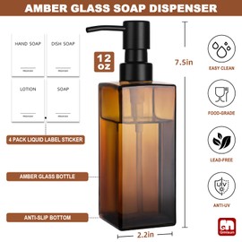 GMISUN Amber Glass Soap Dispenser, 2 Pack Hand Soap Dispenser Bathroom, 12 fl oz/350ml Dish Dispenser Set for Kitchen, Glass Liquid Dispenser with Stainless Steel Pump, Brown Soap Dispensers Bottle