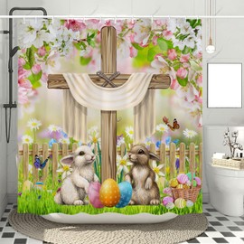 Easter Bunny Shower Curtain, Happy Easter Shower Curtain, Whises He is Risen The Cross on Spring Floral Scene Holiday Bathroom Home Decor, Waterproof Farmhouse Fabric 72x72 inch with Hooks
