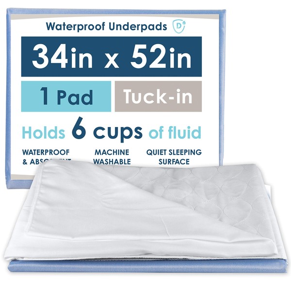 Dry Defender Incontinence Bed Pads Washable, 34" x 52" Tuck Washable Underpads, Absorbent Waterproof Mattress Pads for Bed, Reusable Incontinence Pads for Kids & Adult Underpads, Bedwetting, Pack of 1