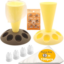 LUTQ 2 Pack Piping Bag Holder – Piping Bag Holder Stand for Filling, Icing Bag Holder, Pastry Bag Holder Stand with 8 Nozzle Slots, Includes 100 Pcs 13 in Piping Bags, 6 Icing Nozzles & 5 Couplers