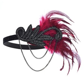 JUSTUSNX Gatsby Feather Crystal Headband, 1920s Flapper Headband Rhinestone Headband Party Supplies for Women and Girls, Red, One Size
