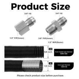 Lemfema 36" Non-Whistle Flexible Flex Gas Line Connector Kit for NG and LP Fire Pit and Fireplace Stainless Steel Hose-1/2" ID x 5/8" OD Black Hose With 1/2" MIP x 1/2" FIP Connector