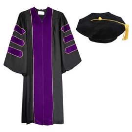 Herrenbek Unisex Deluxe Doctoral Graduation Gown and 8-Side Tam Package with Gold Piping Doctoral Regalia Doctoral Robe Purple