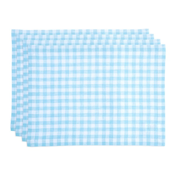 Solino Home Gingham Check Linen Placemats 14 x 19 Inch – 100% Pure Linen Plaid Tablemats Blue Bell – Machine Washable and Handcrafted from European Flax – Set of 4