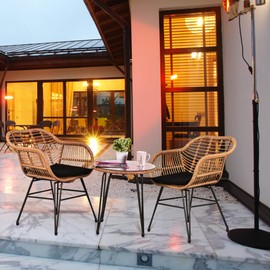 Leasbar 3 Piece Wicker Patio Furniture Set, Outdoor Bistro Chairs with Table & Cushions, Rattan Porch Set for Balcony, Backyard, Poolside, Black