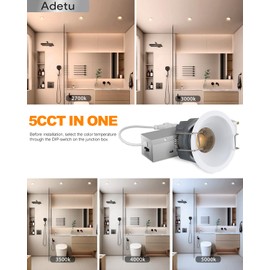 Adetu 2 Inch 5CCT White LED Recessed Ceiling Light with Junction Box, 2700K/3000K/4000K/5000K Selectable, CRI90, 8W COB, 780LM, Dimmable Canless Waferproof Downlight-ETL&FCC (White, 1 Pack)