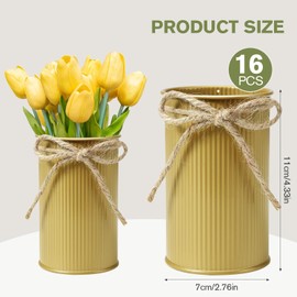16 Pcs 4.33 Inch Gold Rustic Galvanized Vases for Centerpieces, Small Flower Vases with Twine Bow, Vintage Metal Vase in Bulk, Farmhouse Bud Vase for Wedding Home Table Decor, Cylinder Iron Bucket