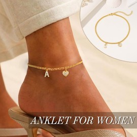 DONYUDE Anklets for Women Waterproof， Anklet Friend Adjustable Beach Heart 14k Gold Anklets with Letter D Gifts for Teen