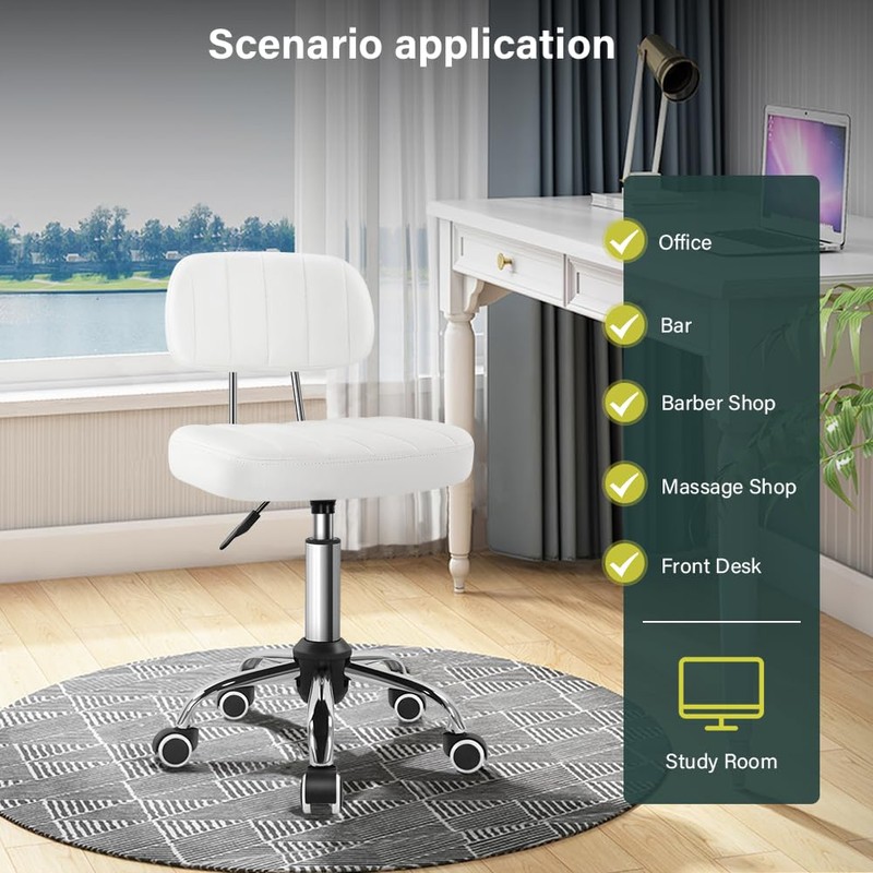 BFTOU White Square Swivel Stool with Wheel for Work SPA