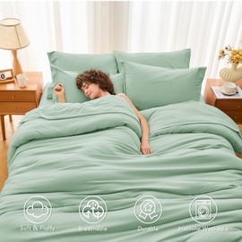 MUXHOMO 7 Pieces Full Comforter Set, Soft Bed in a Bag Full Size, All Season Bedding Set with Comforter, Flat Sheet, Fitted Sheet, Pillowcases & Shams, Sage Green