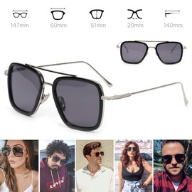 Retro Vintage Sunglasses Tony Stark Glasses Square Metal Frame for Men Women Goggle Classic Alloy Frame (Silver Frame Grey Lens)