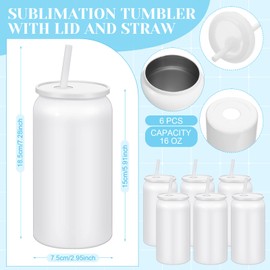 FoldTier 6 Set Sublimation Tumbler with Lid and Straw 16 oz Sublimation Insulated Cup Stainless Steel Cup with Packing Box Ribbon Transparent Handbag for Iced Coffee Juice Soda(White)