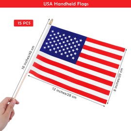 Fovths 15 Pack Handheld American Stick Flags with Spear Top Great 8 x 12 Inch Wooden Stick American Flags for Patriotic Decorations or American Independence Day Celebrations