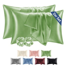 BEDELITE Similar to Silk Pillowcase Pillow Cover Satin Cushion Cover 40 x 80 cm Green - Pillowcase Set of 2 Soft as Silk Pillowcase 40 x 80 cm Summer with 2 Hair Bobbles for Hair and Skin