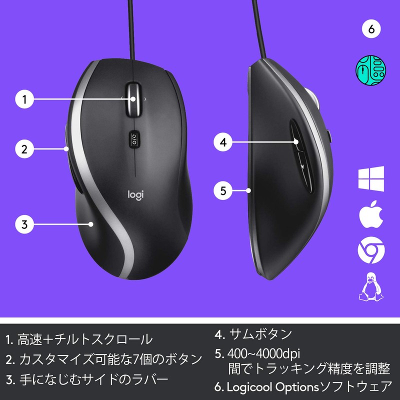 Logicool M500s Wired Mouse, High Speed Scroll Wheel, 7 Buttons,